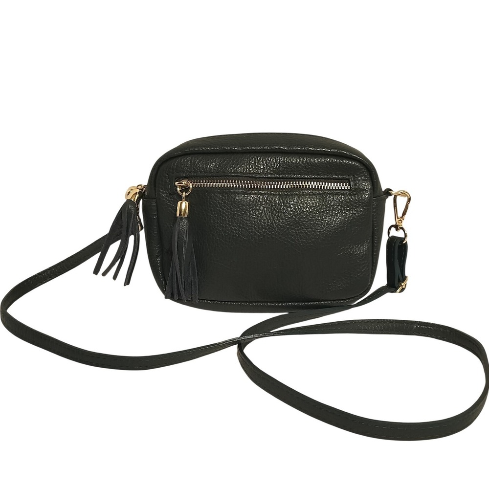Made in Italy Forest Green Pebbled Leather Tassel Crossbody Camera Bag Boho Chic